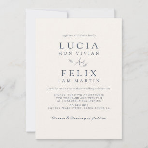 Invitación Muestra moderna deja un Boda azul turbio y delgado