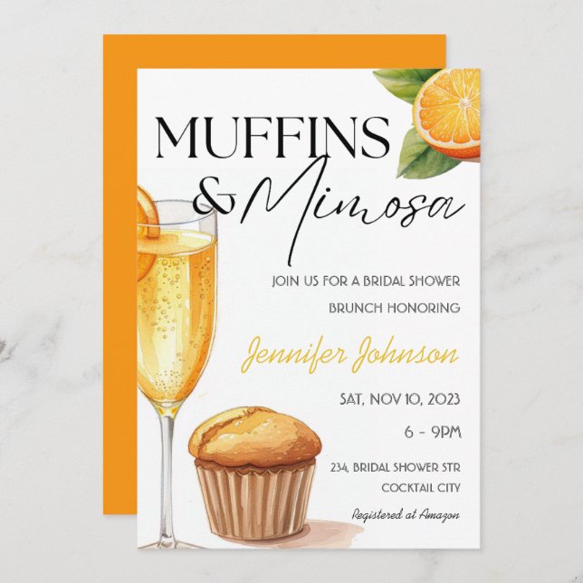 Invitación Muffins y Mimosa Naranja Bridal Shower Brunch (Anverso / Reverso)