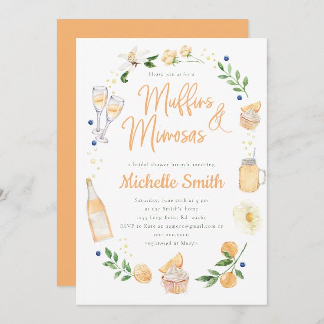 Invitación Muffins y Mimosas Bridal Shower Brunch Fiesta (Anverso / Reverso)