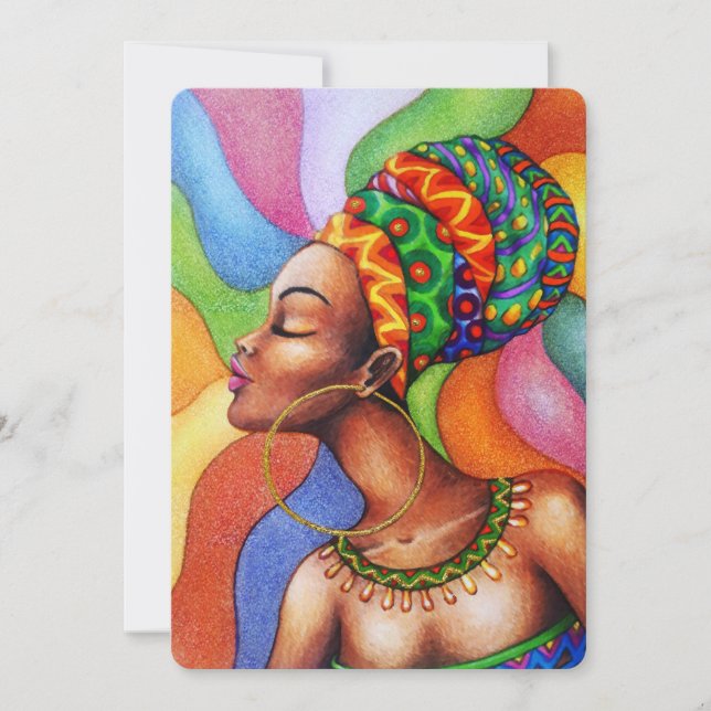 Invitación Mujer africana con tejidos tradicionales de cera (Anverso)