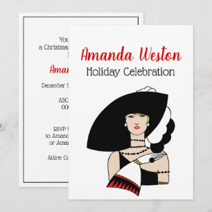 Invitación Mujer Art Déco de Navidad con sombrero y guantes d