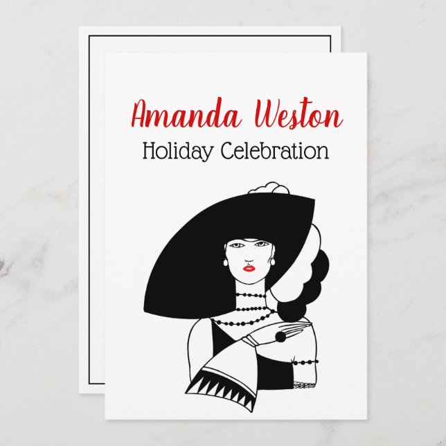 Invitación Mujer Art Decó En Grandes Gorras Guantes Navidades (Anverso / Reverso)