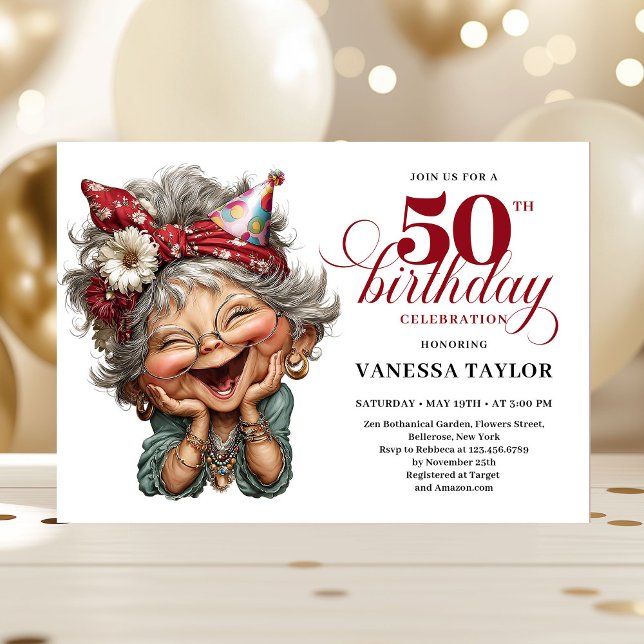 Invitación Mujer Caprichosa de Moda Cumpleaños 50 Humor Diver (Trendy Whimsical Woman 50th Birthday Funny Humor Invitation)