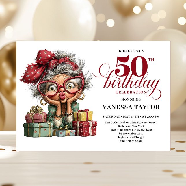 Invitación Mujer Caprichosa Encantadora Fiesta de Cumpleaños  (Lovely Whimsical Woman 50th Birthday Humor Party Invitation)