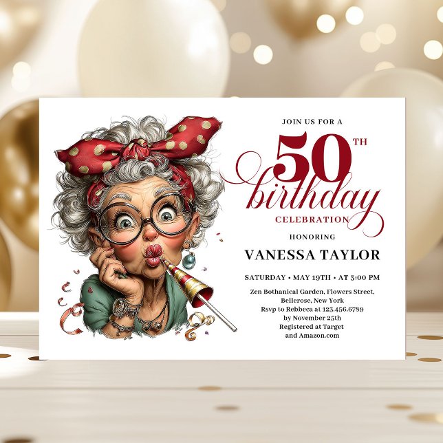 Invitación Mujer Caprichosa y Elegante Cumpleaños 50 Funny Ca (Stylish Whimsical Woman 50th Birthday Funny Cartoo Invitation)