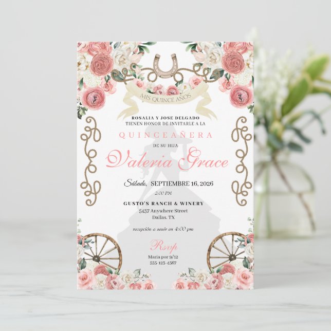 Invitación Mujer Charra Occidental Rosa Cowgirl Quinceañera (Anverso de pie)