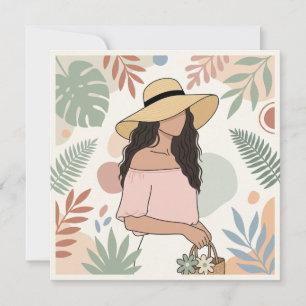 Invitación Mujer con sombrero de paja con flores