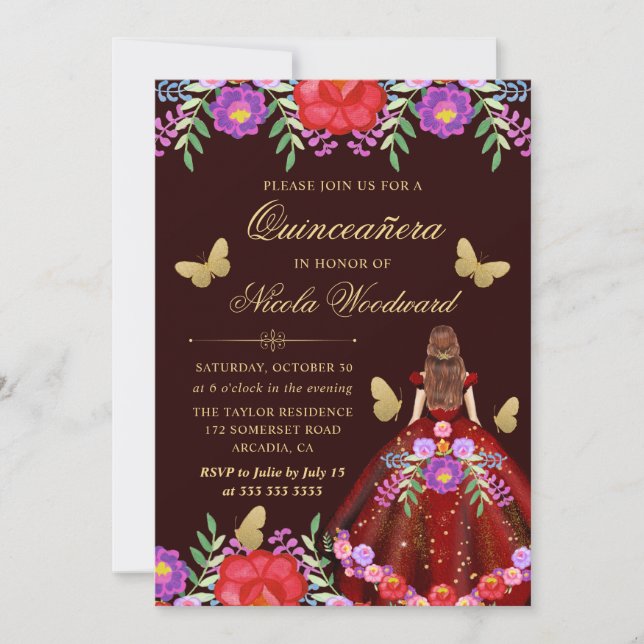 Invitación Mujer de Cabello Rojo con Vestido Floral Mexicano  (Anverso)