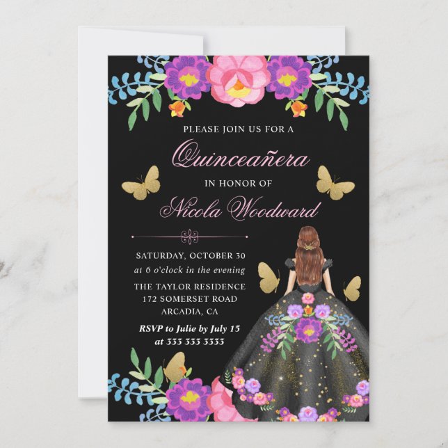 Invitación Mujer de cabello rojo vestida con flores mexicanas (Anverso)