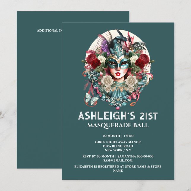 Invitación Mujer de cumpleaños de la mascarada con máscara de (Anverso / Reverso)