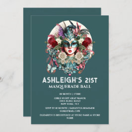 Invitación Mujer de cumpleaños de la mascarada con máscara de