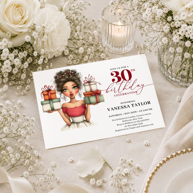 Invitación Mujer de dibujos animados de moda Cumpleaños 30 Ro (Trendy Cartoon Woman 30th Birthday Marsala Red Party Card

)