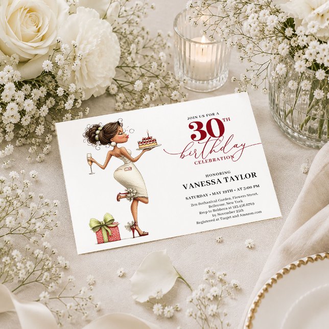 Invitación Mujer de Dibujos Modernos Cumpleaños 30 Script Bur (Modern Cartoon Woman 30th Birthday Burgundy Script Invite

)