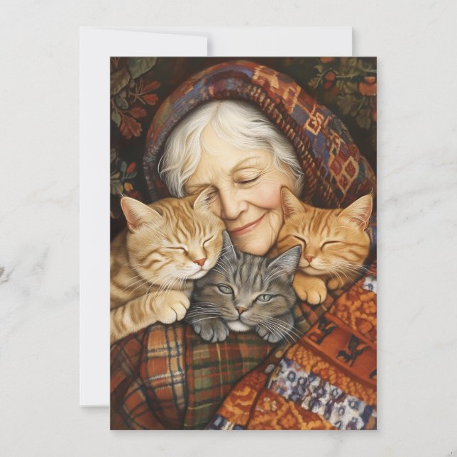Invitación Mujer De Edad Que Acepta Tres Gatos Acogedor (Anverso)