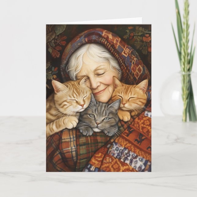 Invitación Mujer De Edad Que Acepta Tres Gatos Acogedor (Anverso)