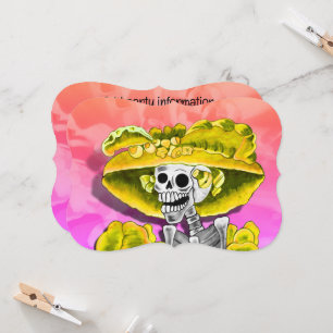 Invitación Mujer de Esqueleto Riéndose con Gorro Amarillo
