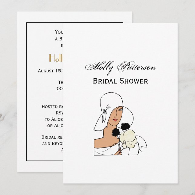 Invitación Mujer de estilo Art Déco con flores de época con G (Anverso / Reverso)