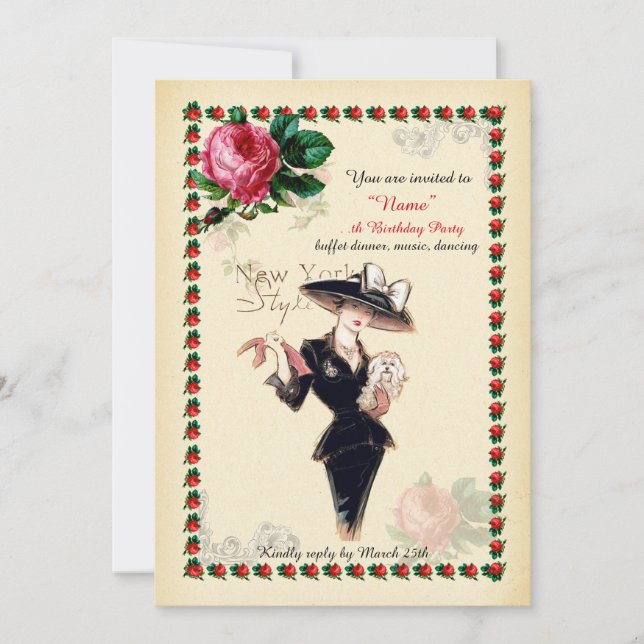 Invitación Mujer de la fiesta de cumpleaños cualquier edad, (Anverso)
