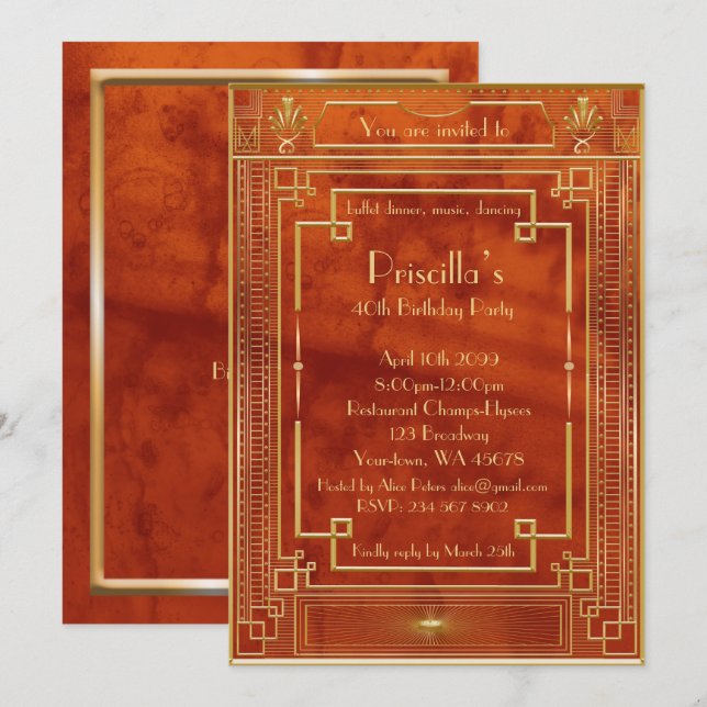 Invitación Mujer de la fiesta de cumpleaños, oro estilo Gatsb (Anverso / Reverso)
