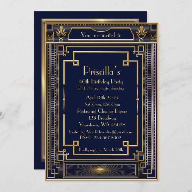 Invitación Mujer de la fiesta de cumpleaños, oro estilo Gatsb (Anverso / Reverso)