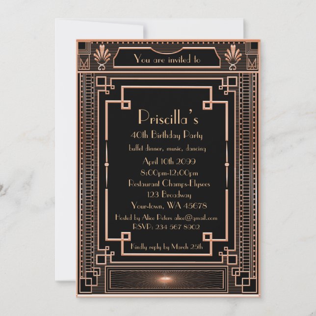 Invitación Mujer de la fiesta de cumpleaños, oro rosado, (Anverso)