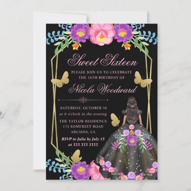 Invitación Mujer de piel oscura con vestido floral mexicano 1 (Anverso)