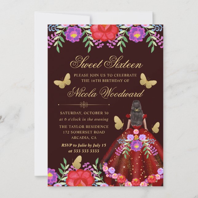 Invitación Mujer de piel oscura con vestido floral mexicano 1 (Anverso)