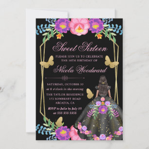 Invitación Mujer de piel oscura en vestido floral mexicano Sw