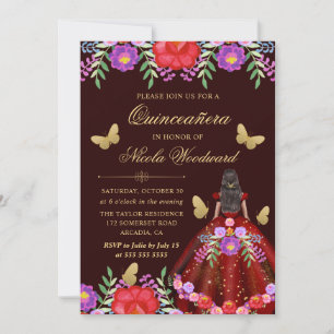 Invitación Mujer de piel oscura vestido floral mexicano Quinc