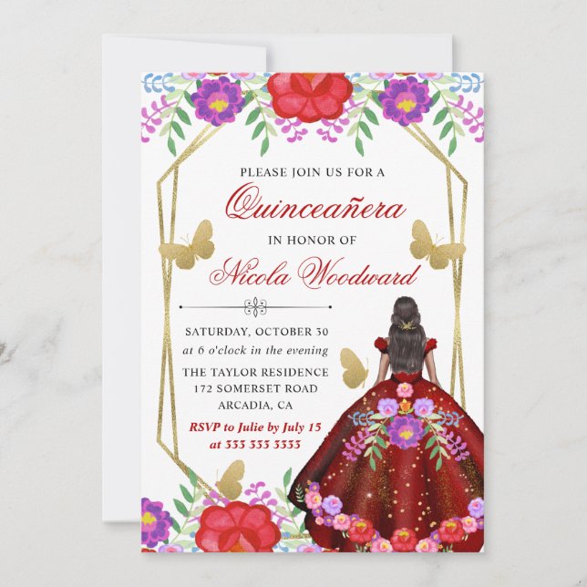 Invitación Mujer de piel oscura Vestido floral mexicano Quinc (Anverso)