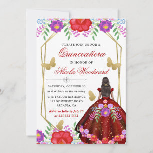 Invitación Mujer de piel oscura Vestido floral mexicano Quinc