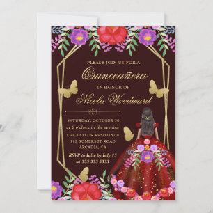 Invitación Mujer de piel oscura vestido floral mexicano Quinc