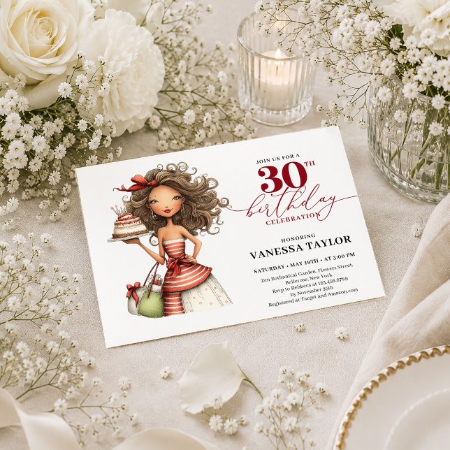 Invitación Mujer Divertida con Estilo Cumpleaños 30 Script Bu (Stylish Funny Woman 30th Birthday Burgundy Script Card

)