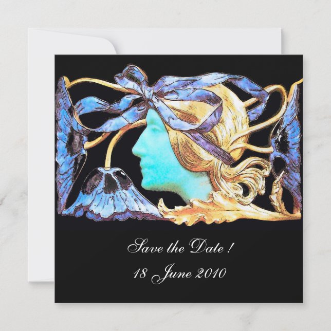 INVITACIÓN MUJER ELEGANTE BELLEZA JOYA /SEÑORA,LAZO AZUL,FLOR (Anverso)