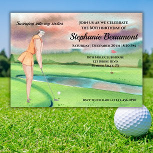 Invitación Mujer elegante golfista golpeando en su 60 cumplea
