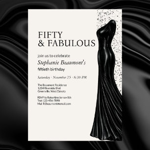 Invitación Mujer Elegante Vestido Negro Fabuoso Cumpleaños 50