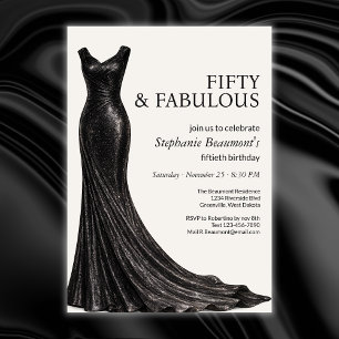 Invitación Mujer Elegante Vestido Negro Fabuoso Cumpleaños 50