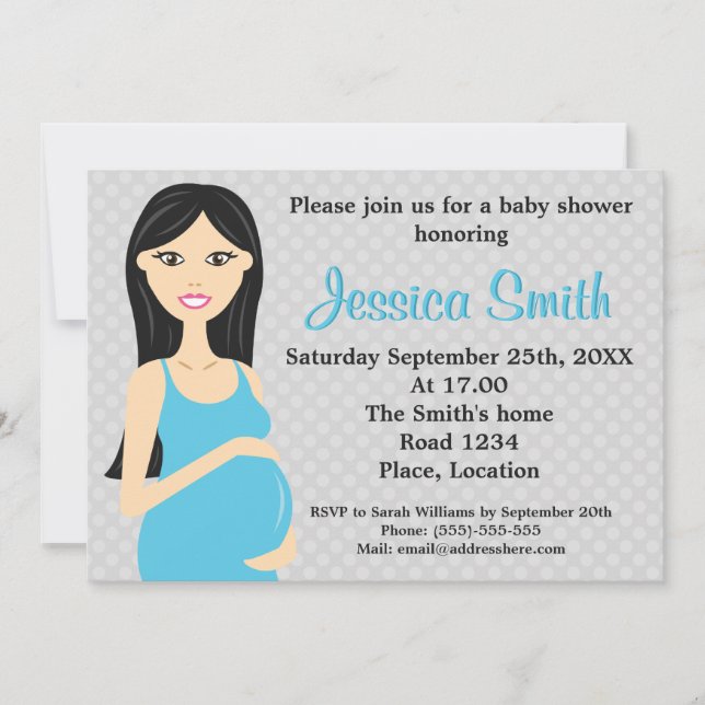 Invitación Mujer Embarazada Cuta En Baby Shower Vestido Azul (Anverso)