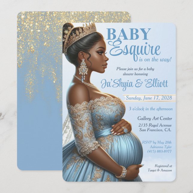 Invitación Mujer étnica elegida Baby Shower azul y oro real (Anverso / Reverso)
