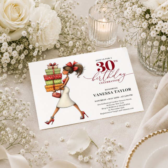 Invitación Mujer extravagante Cumpleaños 30 Script moderno ro (Quirky Woman 30th Birthday Deep Red Modern Script Invite

)