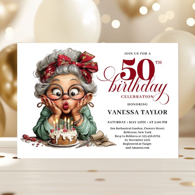 Invitación Mujer extravagante y divertida Cumpleaños 50 Humor (Sweet Quirky Woman 50th Birthday Whimsical Humor Invitation)