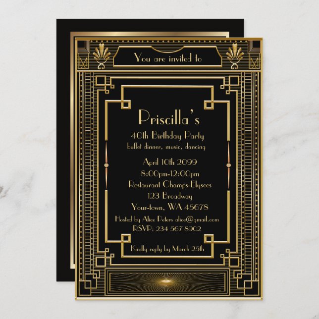 Invitación Mujer fiesta de cumpleaños, estilo Gatsby dorado,  (Anverso / Reverso)