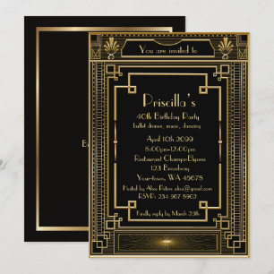 Invitación Mujer fiesta de cumpleaños, estilo Gatsby dorado,