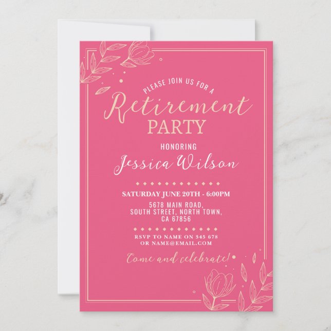 Invitación Mujer: Fiesta de retiro sorpresa rosa (Anverso)