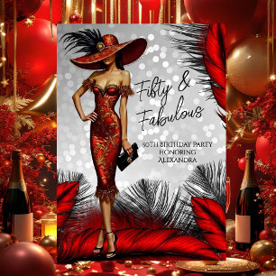 Invitación Mujer Glamour Cumpleaños Fabuloso Vestido Rojo Neg