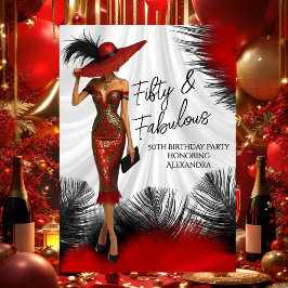 Invitación Mujer Glamurosa de Cumpleaños Fabuloso Plumas Roji