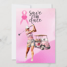 Invitación Mujer golfista carrito de golf rosa en cáncer de m