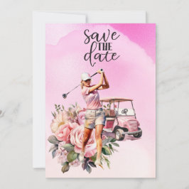 Invitación Mujer golfista con carrito de golf rosa en rosa