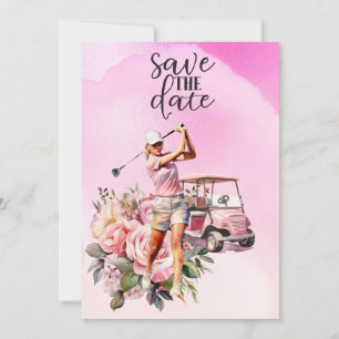 Invitación Mujer golfista con carrito de golf rosa en rosa