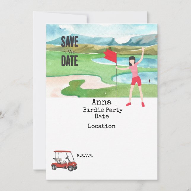 Invitación Mujer golfista con carro de golf rojo en fecha de  (Anverso)